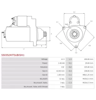 Démarreur 12V 1.40kW 12 dents AS-PL UD16836(MITSUBISHI)S, BOSCH 0986022800, F042200015, CARGO 113897, DELCO DRS3985