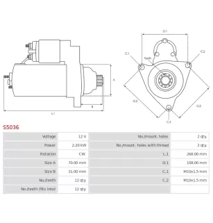 Démarreur 12V 2.20kW 12 dents AS-PL S5036, CARGO 113964, DELCO DRS0122, HELLA 8EA012528-061, MAGNETI MARELLI 944280802120