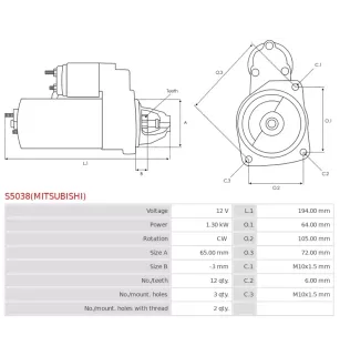 Démarreur 12V 1.30kW 12 dents AS-PL UD16835(MITSUBISHI)S, BOSCH 0986021741, F042200016, CARGO 113927, DELCO DRS3904