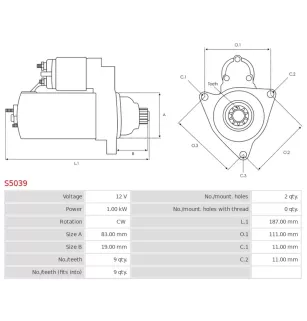 Démarreur 12V 1.00kW 9 dents AS-PL S5039, UD19743S, CARGO 114479, DELCO DRS0973, DS2083
