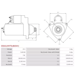 Démarreur 24V 5.00kW 11 dents AS-PL UD14624(MITSUBISHI)S, CARGO 114893, DELCO DRS0895, MITSUBISHI M008T87171, M008T87171AM