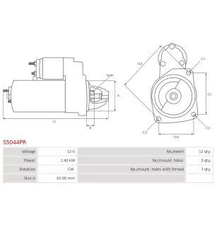 Démarreur 12V 1.40kW 12 dents BOSCH 0986022910, CARGO 113930