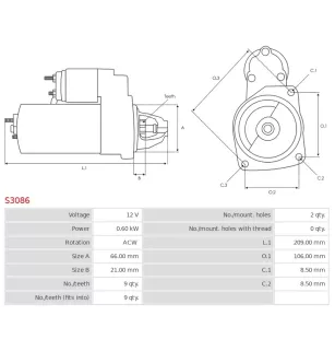 Démarreur 12V 0.60KW 9 dents STARDAX STX200164, STX200325, STX200325R, STX200410, STX200410R