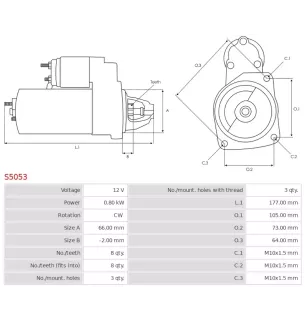 Démarreur 12V 0.80kW 8 dents AS-PL S5053, CARGO 114180