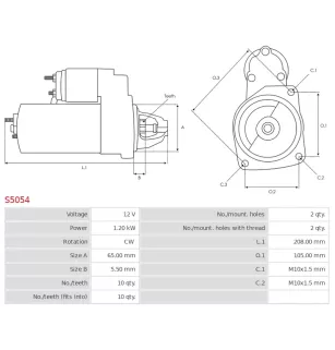 Démarreur 12V 1.20kW 10 dents CARGO 113820, CHRYSLER 56041436AC