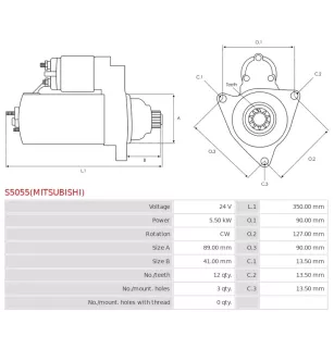 Démarreur 24V 5.50kW 12 dents AS-PL UD14615(MITSUBISHI)S, CARGO 113676, F032113676, ISKRA / LETRIKA 11.139.192, AZF4904