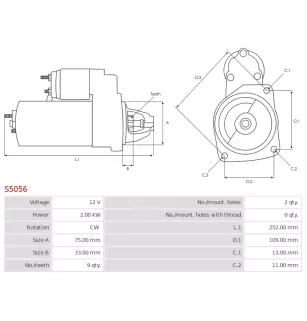 Démarreur 12V 2.00kW 9 dents AS-PL S5056, BOSCH 0986028040, CARGO 115327, DELCO DRS0084, HELLA 8EA012527-631