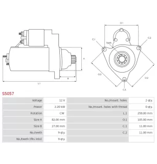 Démarreur 12V 2.20kW 9 dents AS-PL S5057, CARGO 113551, DELCO DRS0358, KUBOTA 1C010-63010, 1C010-63011