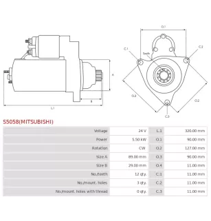 Démarreur 24V 5.50kW 12 dents AS-PL UD14607(MITSUBISHI)S, BOSCH 0986024660, F042001228, CARGO 114733, 115894