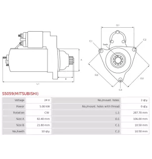 Démarreur 24V 5.00kW 10 dents AS-PL UD100975(MITSUBISHI)S, DELCO DRS0908, MITSUBISHI 32B66-02300, 32B66-02303, 32B66-12301