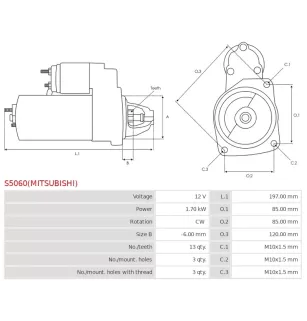 Démarreur 12V 1.70kW 13 dents AS-PL UD100954(MITSUBISHI)S, FIAT 71722374, 71724272, 9624291480, 96253382680