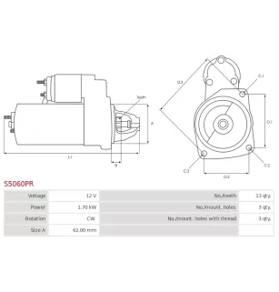 Démarreur 12V 1.70kW 13 dents FIAT 71722374, 71724272, 9624291480, 96253382680, 9625382680