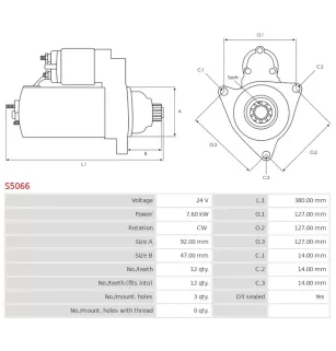 Démarreur 24V 7.60kW 12 dents AS-PL S5066, UD01288S, CARGO 113827, CUMMINS 3965284, DELCO 19023060