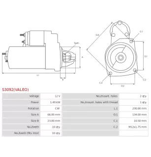 Démarreur 12V 1.40KW 10 dents VW 79911021DX, 79911021G, 79911021GX, 79911022, 79911022X