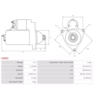 Démarreur 12V 2.20KW 12 dents VALEO 201154, 438243, 458411