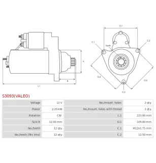 Démarreur 12V 2.20KW 12 dents WILMINK GROUP WG2013082, WOODAUTO STR54140, STR54168, VAL438243, VALTS22ER12, VALTS22ER13