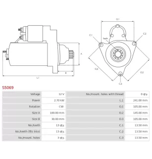 Démarreur 12V 2.70kW 13 dents AS-PL S5069, CARGO 111273, MAZDA 4840-18-400, 4840-18-400A, 4840-18-400B