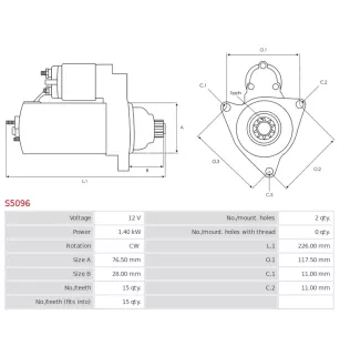 Démarreur 12V 1.40Kw 15 dents MITSUBISHI M2T50381, M2T50391, M2T57729, M3T68381, MM409410, MM409414