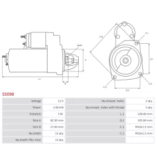 Démarreur 12V 2.00Kw 12 dents CHRYSLER 05033125AA, 05033125AB, 5033125AA, KRLX33125AB, RLX33125AB, DELCO DRS0081