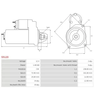 Démarreur 12V 1.40kW 10 dents AS-PL S5120, CARGO 113044, CHRYSLER 560004934, 56004934, 56004934AB