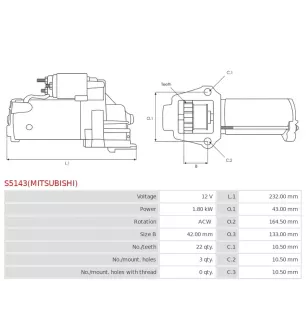 Démarreur 12V 1.80kW 22 dents AS-PL UD100067(MITSUBISHI)S, BOSCH 0986024710, CARGO 114217, CHRYSLER 050033440AC, 05033440AA