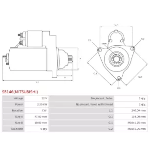 Démarreur 12V 2.20kW 9 dents AS-PL UD14596(MITSUBISHI)S, CATERPILLAR 640514092, DELCO DRS0689, MITSUBISHI M008T75971