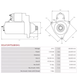 Démarreur 24V 5.50kW 12 dents AS-PL UD14613(MITSUBISHI)S, BOSCH 0986026040, F042001204, CARGO 115556, 115886