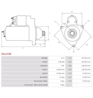 Démarreur 24V 5.50kW 12 dents BOSCH 0986026040, F042001204, CARGO 115556, 115886, DELCO 19081019