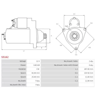 Démarreur 12V 3.60kW 9 dents BOBCAT 05741747, CARGO 114167, DELCO DRS0519, DS1629, HELLA 8EA015642-171