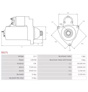 Démarreur 12V 2.00kW 13 dents AS-PL S5171, UD02138S, UD02151S, BOSCH 0986UR1455, CARGO 110947