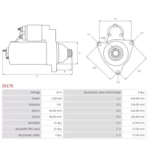 Démarreur 24V 5.00kW 12 dents AS-PL S5175, UD90040S, BOSCH 0986023270, 1986S00002, CARGO 113984