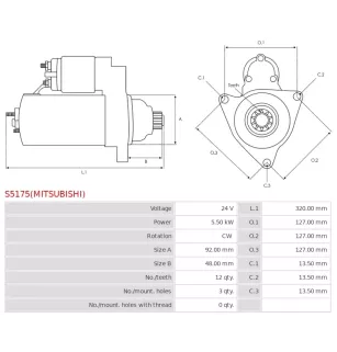 Démarreur 24V 5.50kW 12 dents AS-PL UD100076(MITSUBISHI)S, BOSCH 0986023270, 1986S00002, CARGO 113984, DELCO 19081001