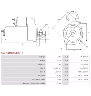 Démarreur 12V 0.85kW 8 dents AS-PL UD100923(MITSUBISHI)S, CARGO 115842, DELCO DRS0987, MITSUBISHI M000T45971, M000T45971AM