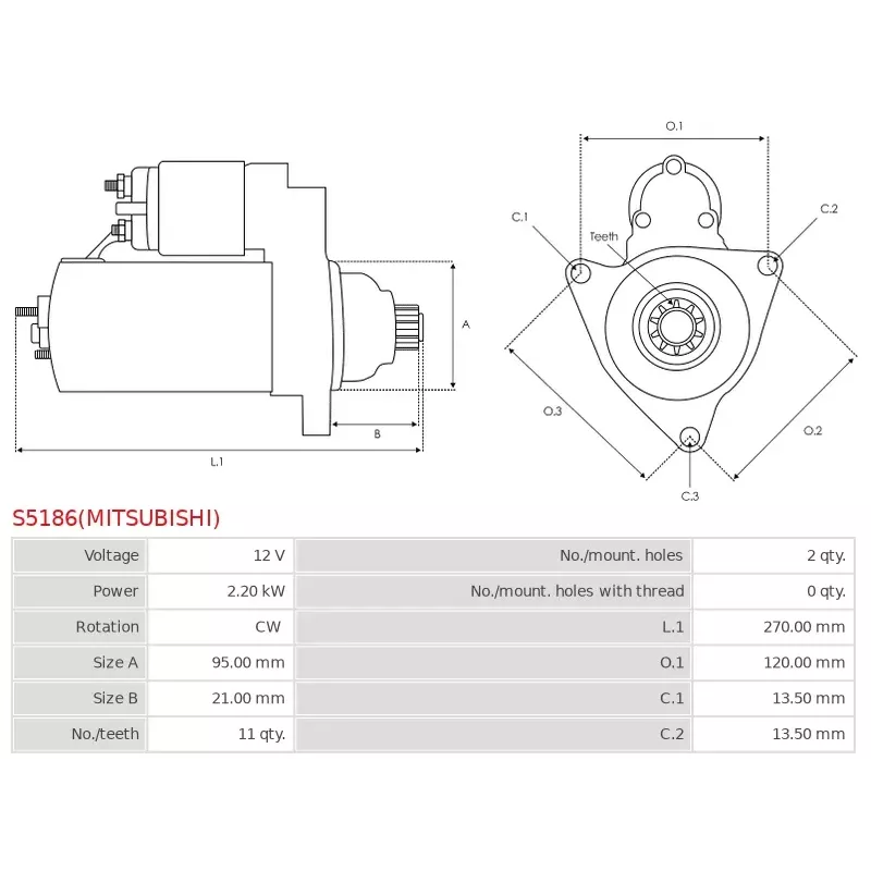 Démarreur 12V 2.20kW Mitsubishi UD100978 114038