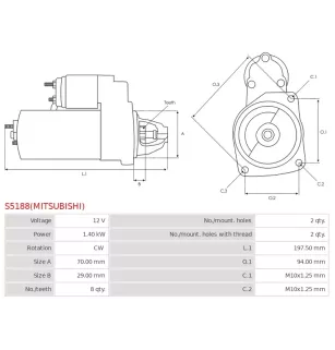 Démarreur 12V 1.40kW 8 dents AS-PL UD100036(MITSUBISHI)S, BOSCH 0986026020, CARGO 115448, CHRYSLER 05034555AA, 5034555AA