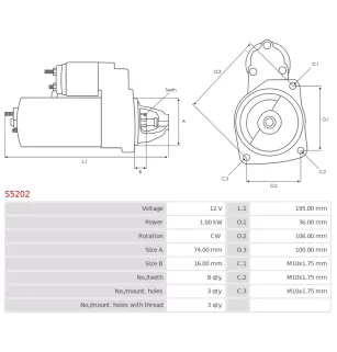 Démarreur 12V 1.00kW 8 dents AS-PL S5202, UD11988S, BOSCH 0986023920, CARGO 115553, DELCO DRS0034 Démarreur 12V 1.00kW 8 dents AS-PL S5202, UD11988S, BOSCH 0986023920, CARGO 115553, DELCO DRS0034