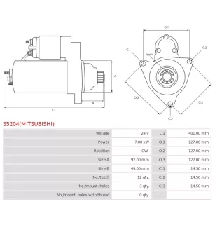 Démarreur 24V 7.00kW 12 dents AS-PL UD14643(MITSUBISHI)S, CARGO 114734, DELCO 19081033, DRS0547, ISKRA / LETRIKA 11.139.212