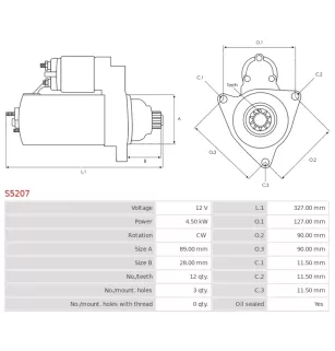 Démarreur 12V 4.50kW 12 dents AS-PL S5207, UD12418S, CARGO 114838, DELCO DRS0776, DEUTZ 01183284