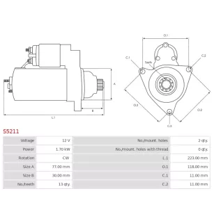 Démarreur 12V 1.70kW 13 dents AS-PL S5211, UD12414S, CARGO 113995, CATERPILLAR 1992123, 1992334