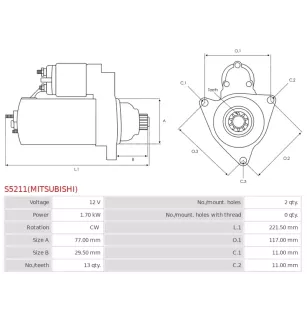 Démarreur 12V 1.70kW 13 dents AS-PL UD19447(MITSUBISHI)S, CARGO 113995, CATERPILLAR 1992123, 1992334, DELCO DRS0896