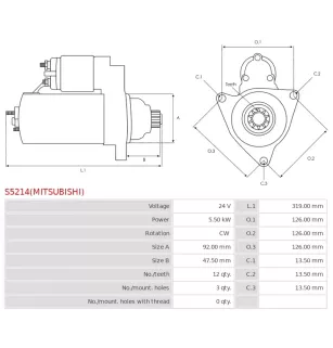 Démarreur 24V 5.50kW 12 dents AS-PL UD14653(MITSUBISHI)S, BOSCH 0001261049, CARGO 114872, DELCO 19081015, 19081028