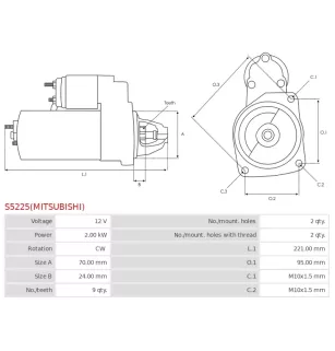 Démarreur 12V 2.00kW 9 dents AS-PL UD100968(MITSUBISHI)S, MITSUBISHI M001T30671, M001T30672, M001T30673, M001T30673AM