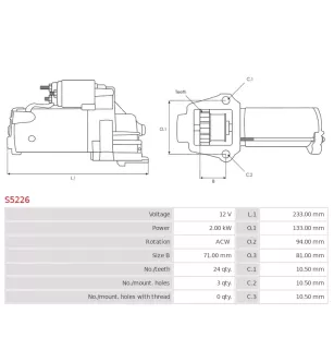 Démarreur 12V 2.00kW 24 dents AS-PL S5226, UD12964S, CHRYSLER 05082388AA, 5082388AA, MITSUBISHI M001T93271