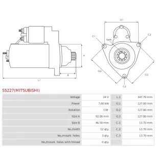 Démarreur 24V 7.00kW 12 dents AS-PL UD14654(MITSUBISHI)S, CARGO 115439, 115876, DELCO DRS0542, DS1652