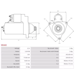 Démarreur 12V 2.20Kw 13 dents MITSUBISHI M2T61171, M2T62771, M2T63171, M2T74171, MD121581, MD156987,
