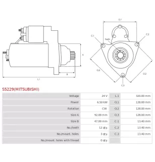 Démarreur 24V 6.50kW 12 dents AS-PL UD100032(MITSUBISHI)S, DELCO DRS0851, MERCEDES 0071510201, 0071514501, A0071510201