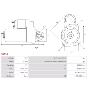 Démarreur 12V 1.20kW 8 dents AS-PL S5234, UD11987S, BOSCH 0986023720, CARGO 114060, 115349