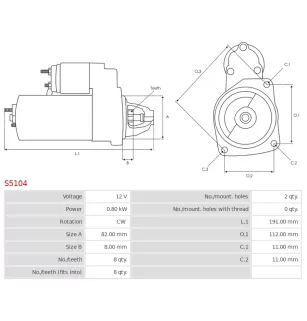 Démarreur 12V 0.80Kw 8 dents NISSAN 23300-P0614, 23300-P1114, 23300-P5112, 23300-P5113, 23300-R9000, 23300-T5070