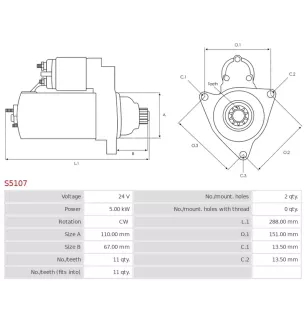 Démarreur 24V 5.00Kw 11 dents MITSUBISHI ME037636, ME077048, ME077407, ME077408, ME077796, ME077970,