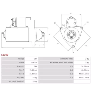 Démarreur 12V 2.00Kw 11 dents MITSUBISHI M008T76072ZE, M8T76071, M8T76071ZE, M8T76072, M8T76072AM, M8T76072ZE